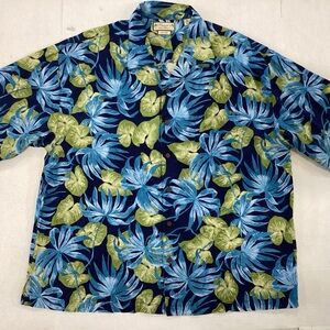 Vibrant Blue and Green Tropical Print Shirt 100% SILK